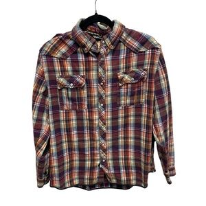 TFG Plaid Flannel Pearl Snap Shirt Western Grunge Workwear Elbow Patch Womens L